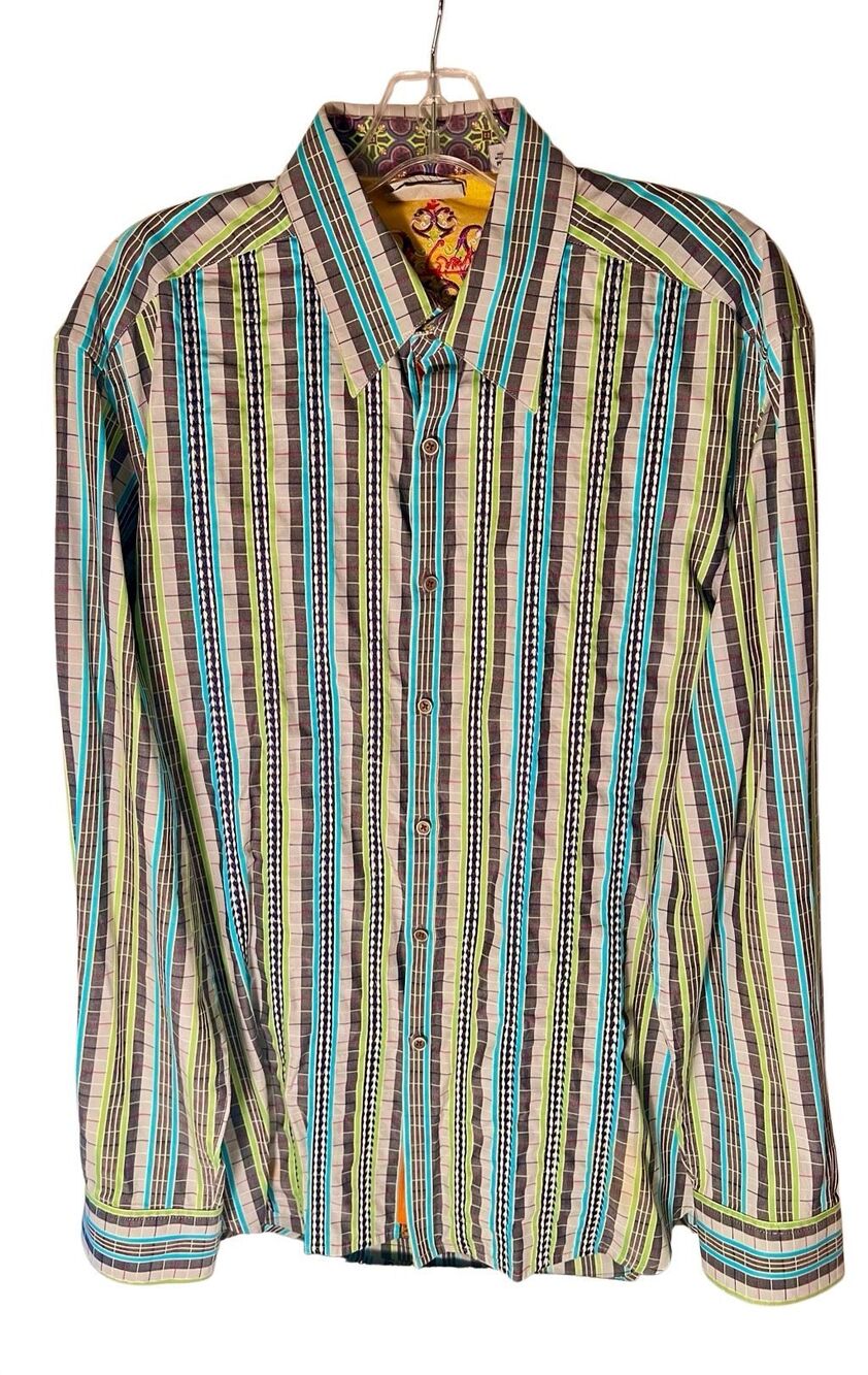 Robert Graham Striped Embroidered Button Front Flip Cuff Shirt Mens Size M